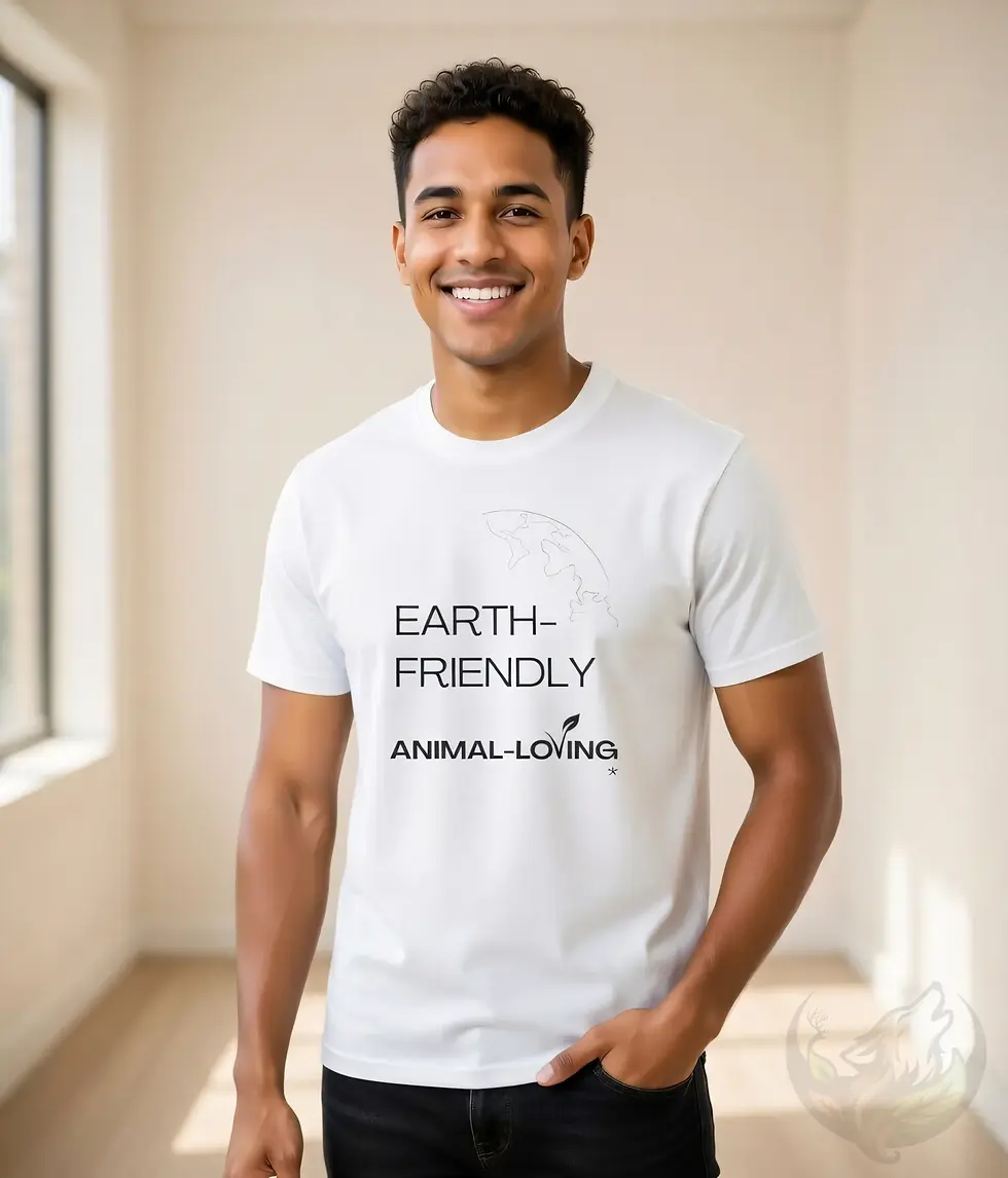 Thumbnail: White unisex t-shirt worn by smiling man with curly hair, "Earth-Friendly Animal-Loving" vegan design with globe.