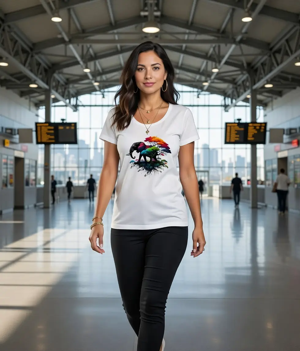 Thumbnail: Model wearing a soft scoop neck shirt with vibrant elephant artwork in a casual lifestyle scene.
