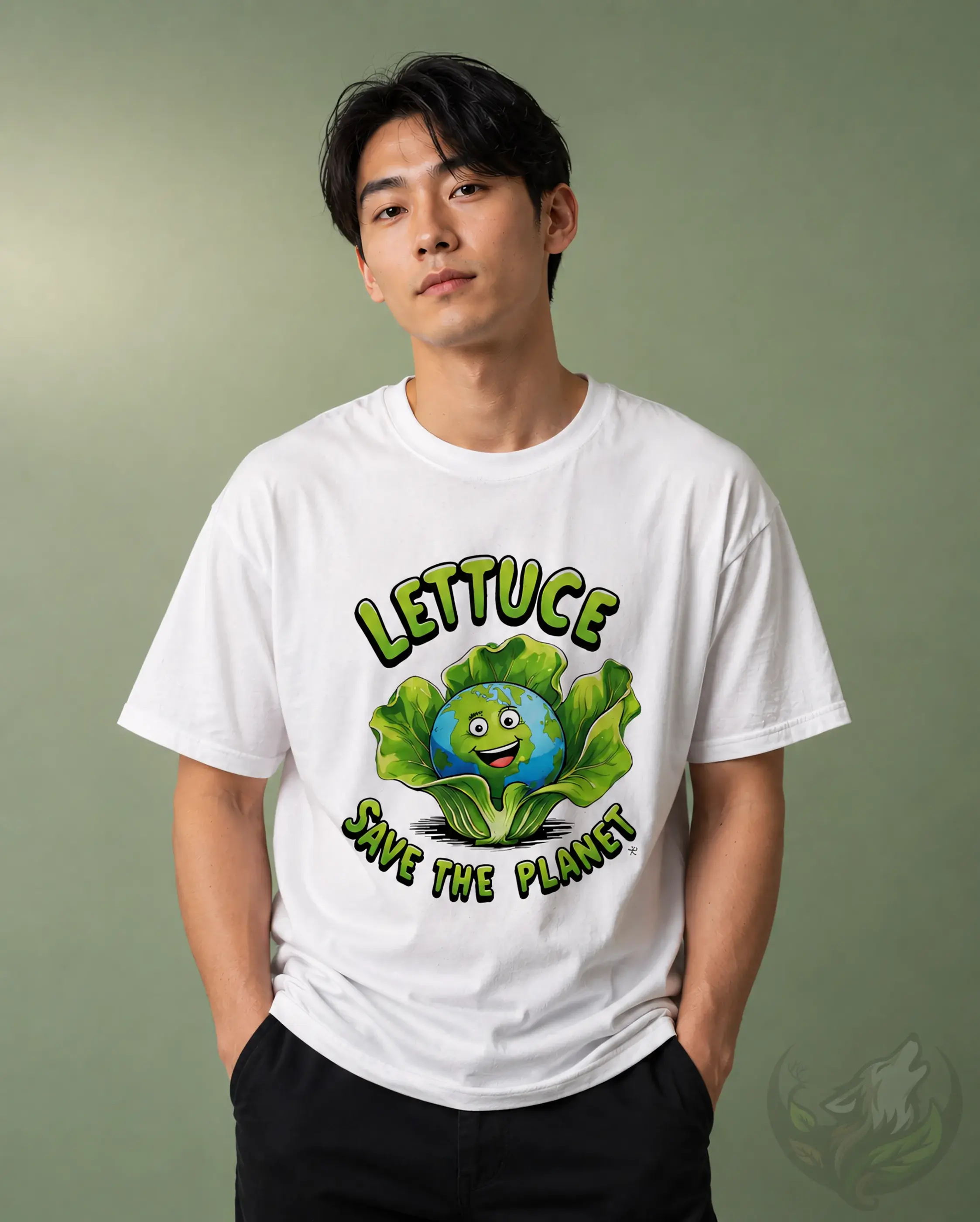 Man wearing white Lettuce Save The Planet eco-friendly food pun t-shirt in studio portrait