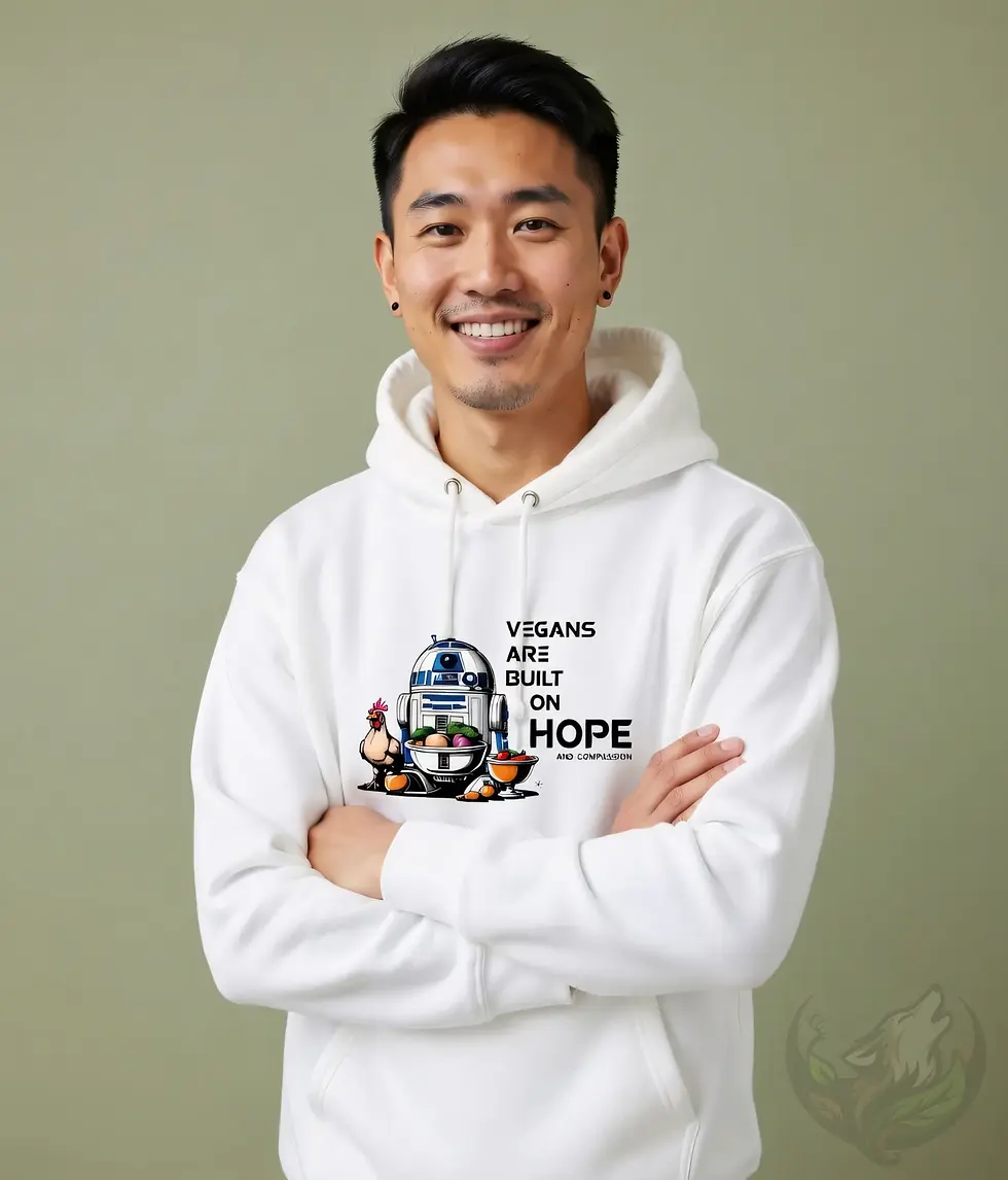 Thumbnail: Man with black hair smiling with arms crossed in white hoodie featuring cartoon R2-D2 and VEGANS ARE BUILT ON HOPE text