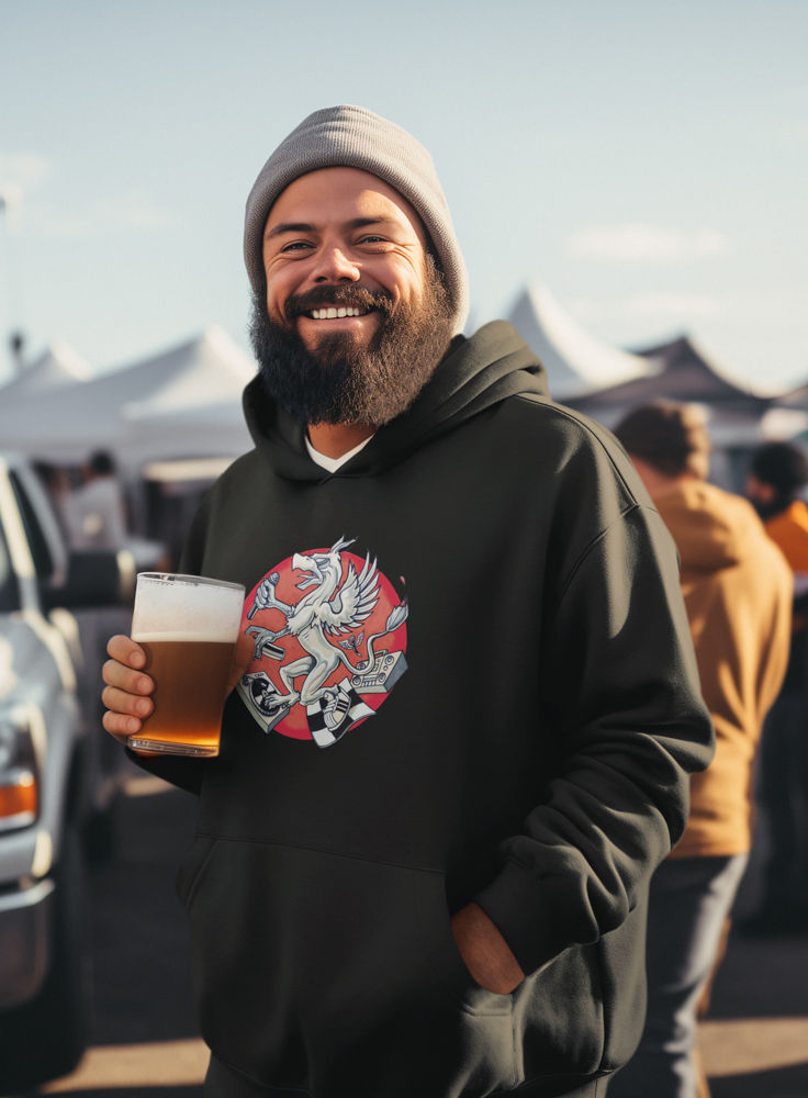 Thumbnail: Lifestyle shot of a Griffioen men’s hoodie featuring a vivid fantasy‑mechanical graphic.