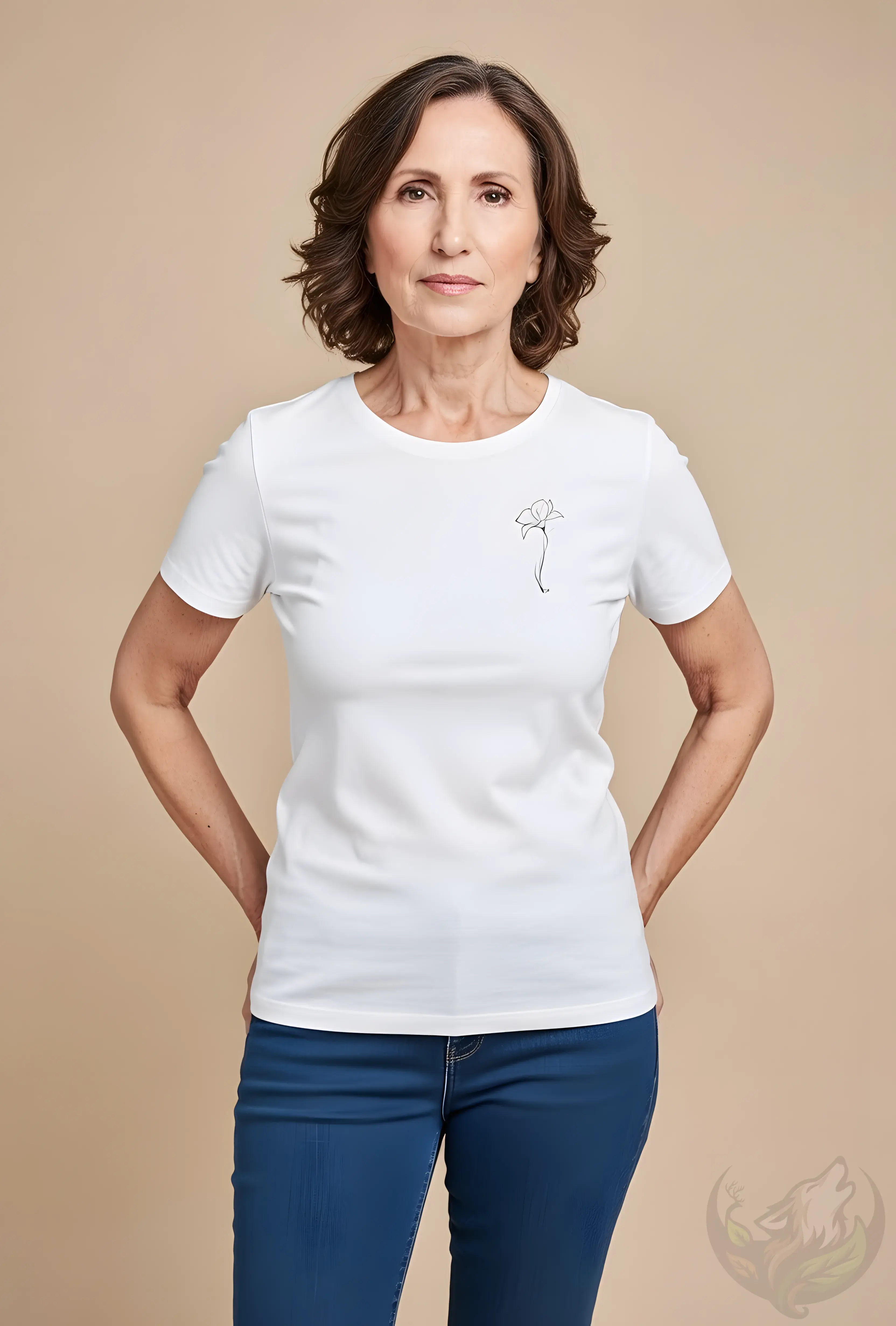 Smiling woman with wearing a white fitted t-shirt with a delicate minimalist flower line art on the left chest.