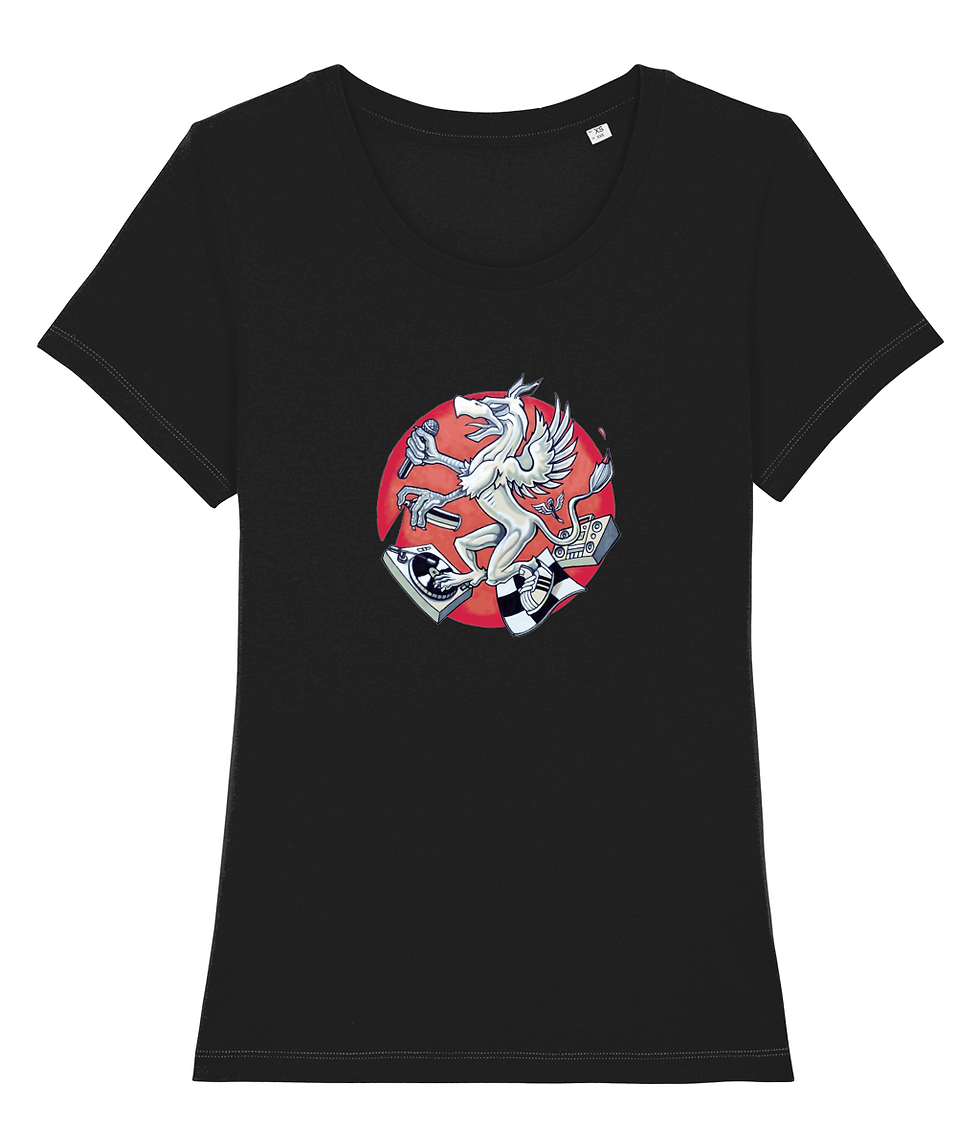 Thumbnail: Black wide‑neck women’s DefP Griffioen shirt with a painted winged creature and musical elements.