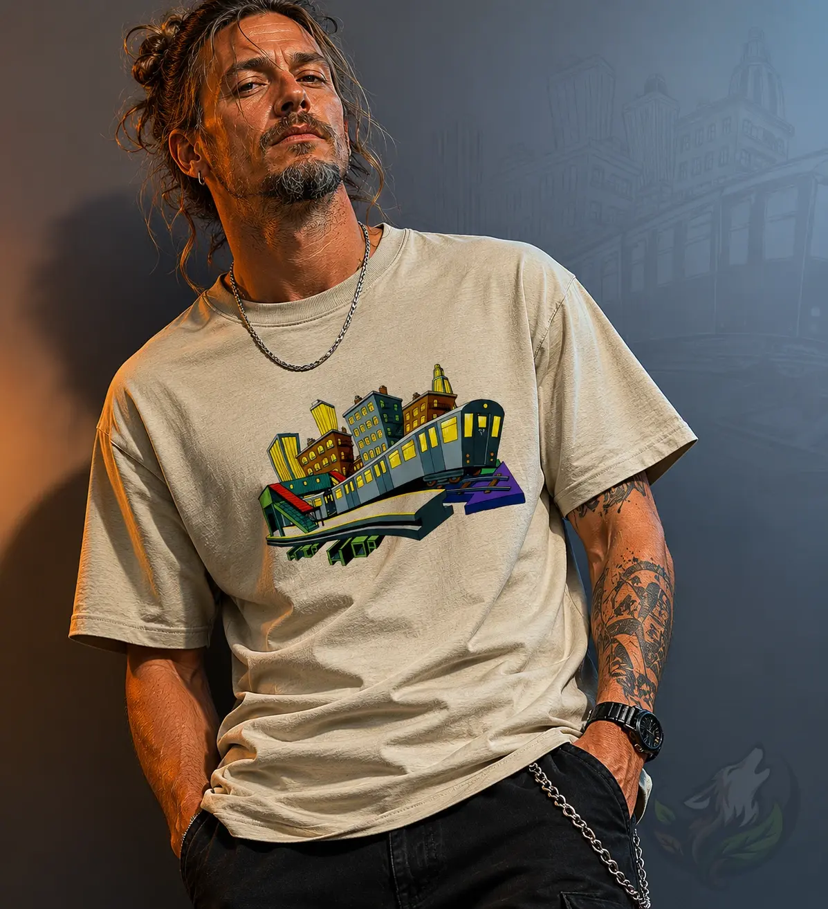 Natural unisex shirt with DefP NY Subway design worn in a warm studio scene with city artwork backdrop