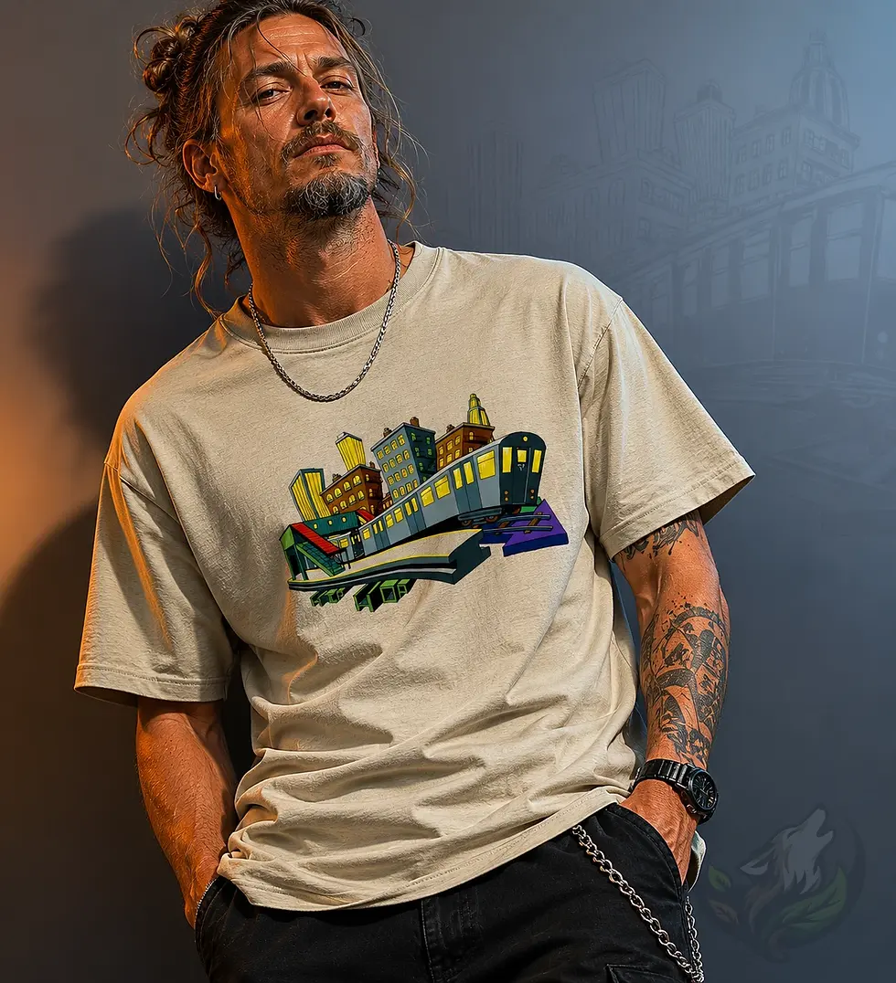 Natural unisex shirt with DefP NY Subway design worn in a warm studio scene with city artwork backdrop