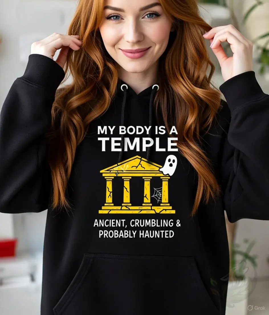 Thumbnail: Woman wearing a black unisex hoodie with the funny My Body Is A Temple haunted temple front design.