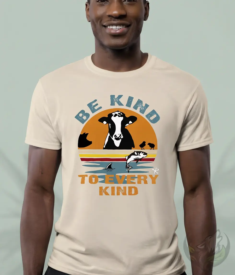 Natural unisex t-shirt close-up on smiling man, "Be Kind To Every Kind" animal kindness illustration.