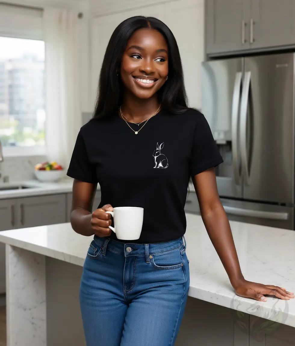 Thumbnail: Woman with long black hair smiling in a black fitted t-shirt with a minimalist rabbit design on the left chest.