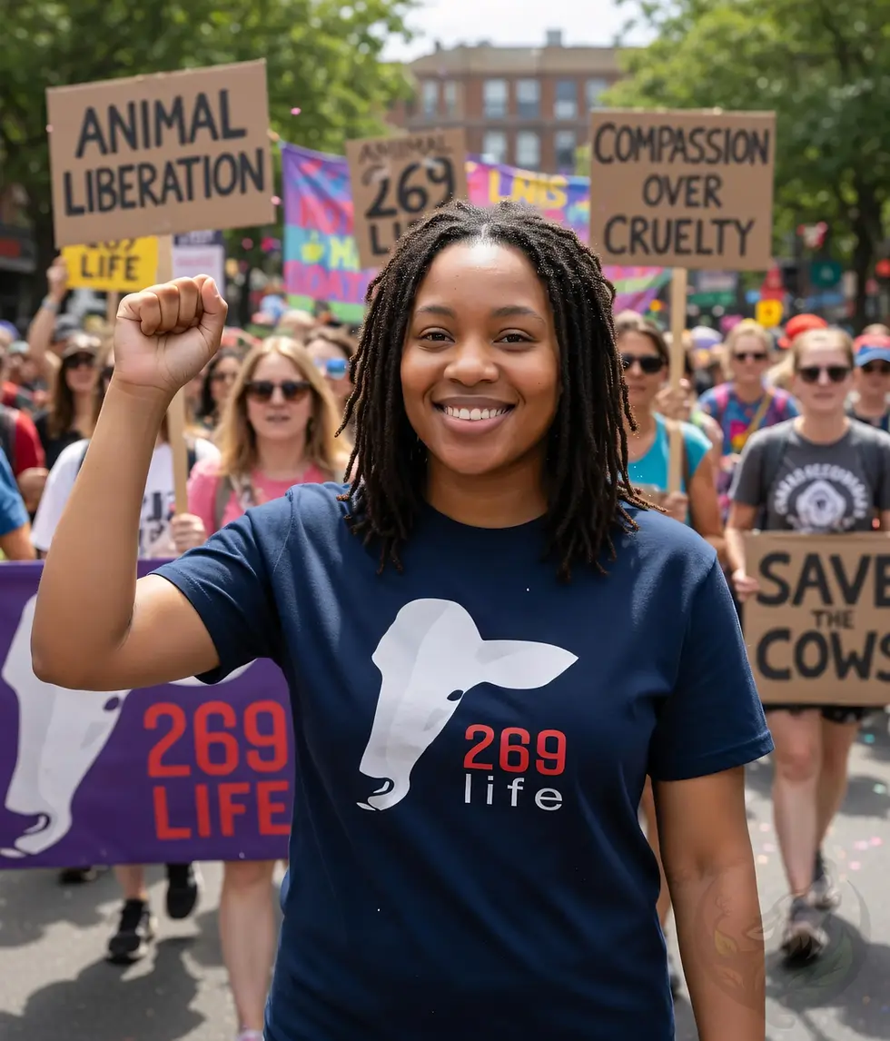 Navy fitted tee with a white cow‑head graphic and the message “269life” in red and white during an animal‑rights march.
