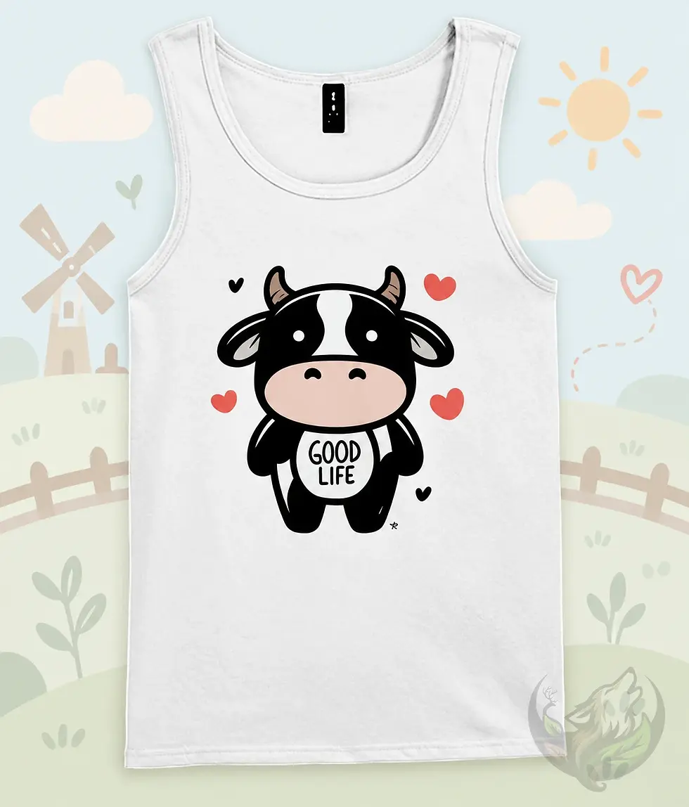 White mens tank top featuring a cute cartoon cow with Good Life lettering and hearts