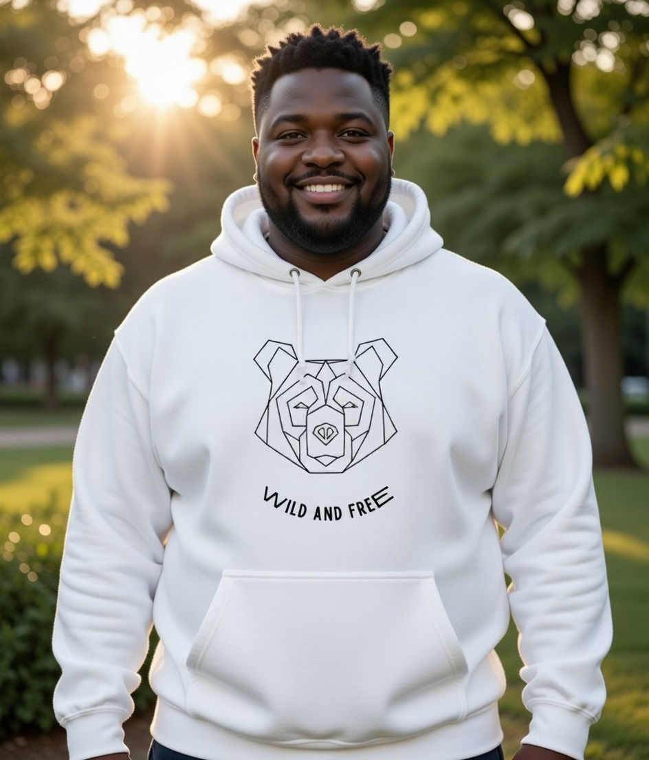 plus size wild and free bear lifestyle – white hoodie with geometric bear line art and wild and free text in a warm forest se