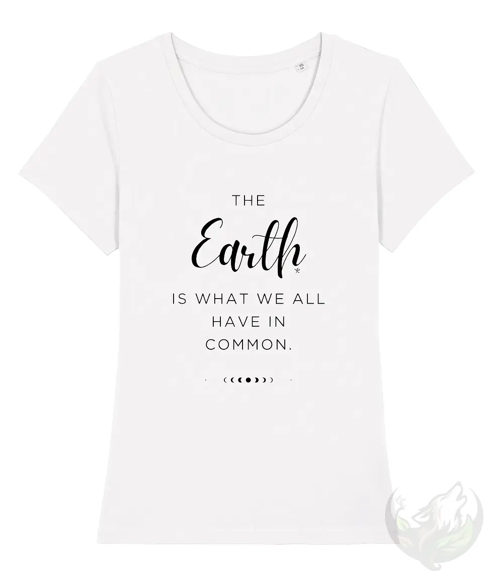 Thumbnail: White wide‑neck women’s environmental shirt with the “The Earth Is What We All Have in Common” text design.