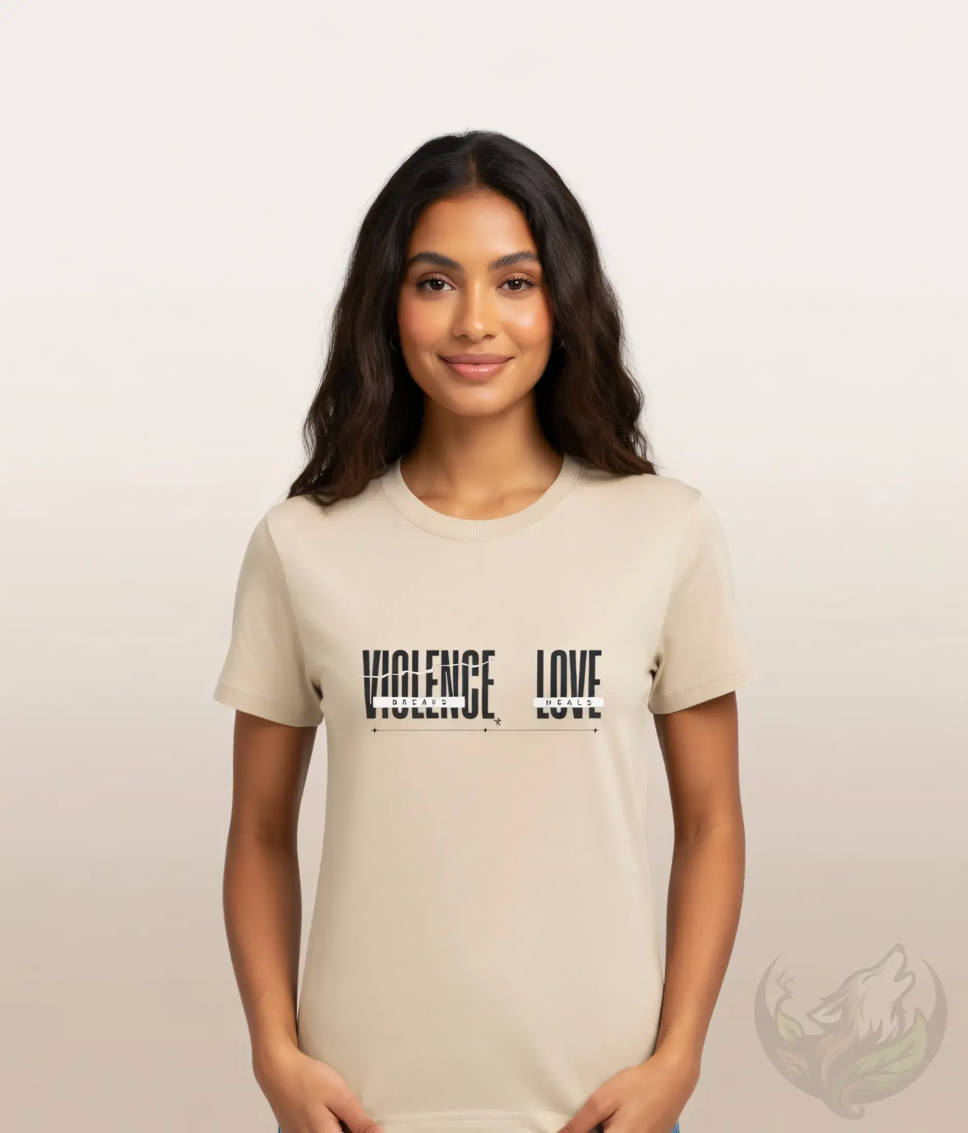 Smiling woman with long dark hair wearing a fitted sand t-shirt with "VIOLENCE BREAKS LOVE HEALS" graphic. Scoop neck.