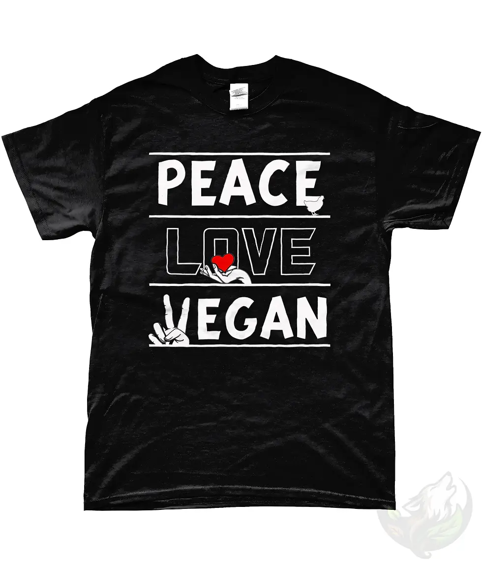 Thumbnail: Black unisex t-shirt flat lay back with bold "PEACE LOVE VEGAN" white text, heart and chicken graphic.