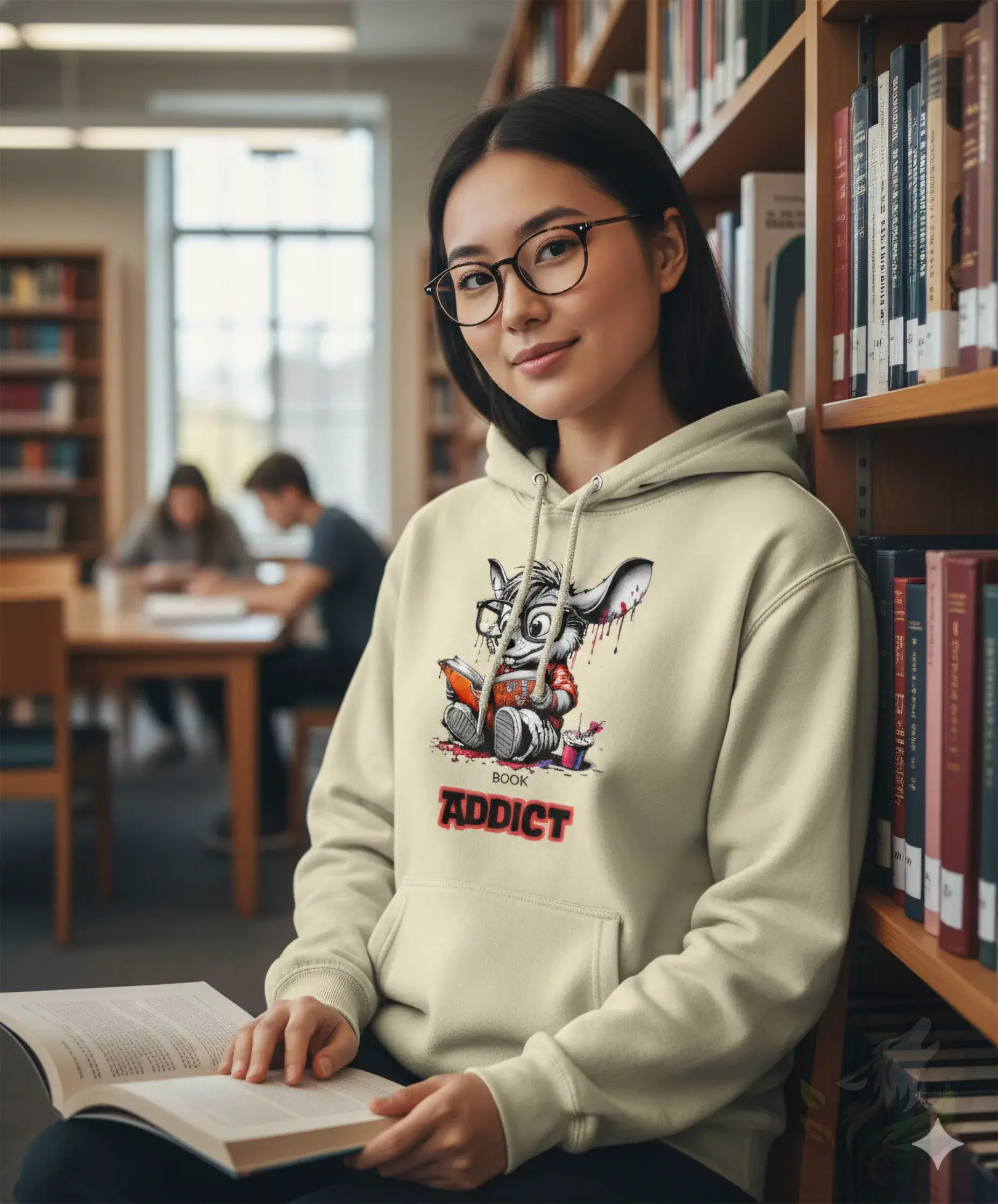 Woman reading in a library while wearing a vanilla Book Addict hoodie with a cute reading animal graphic