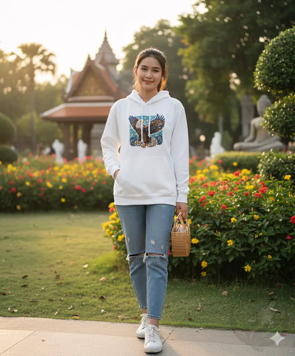 Woman wearing a white hoodie with colorful pixel-style eagle artwork while walking through a landscaped garden