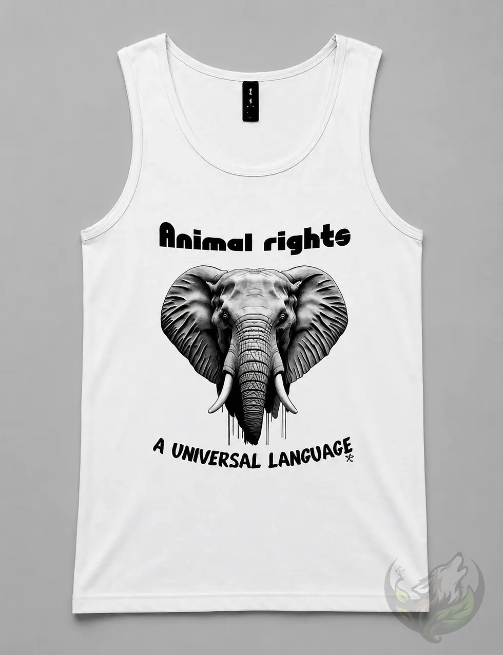 White mens tank top with elephant design, Animal Rights text and A Universal Language message