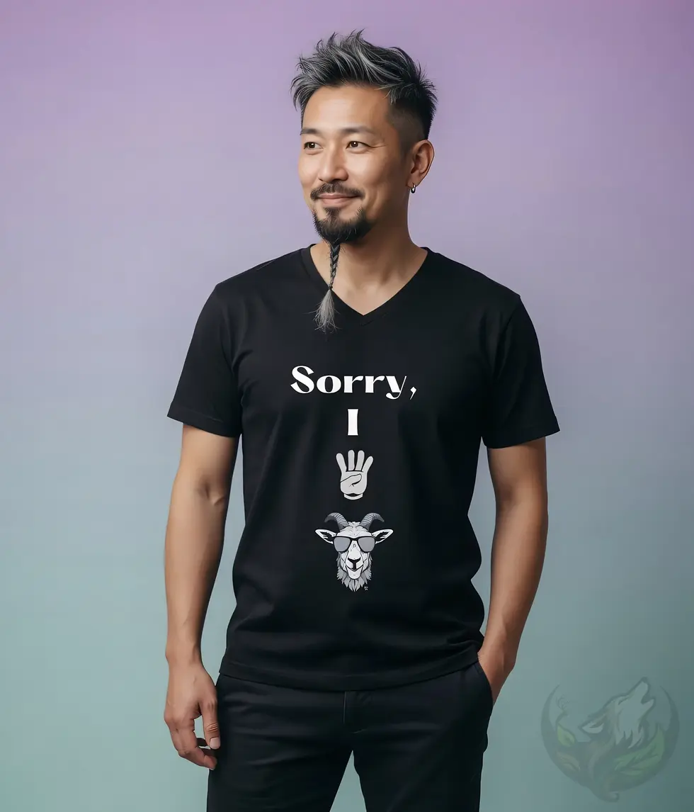 Thumbnail: Men’s black V-neck shirt with funny Sorry I 4 goat print, casual studio fashion with goat humor