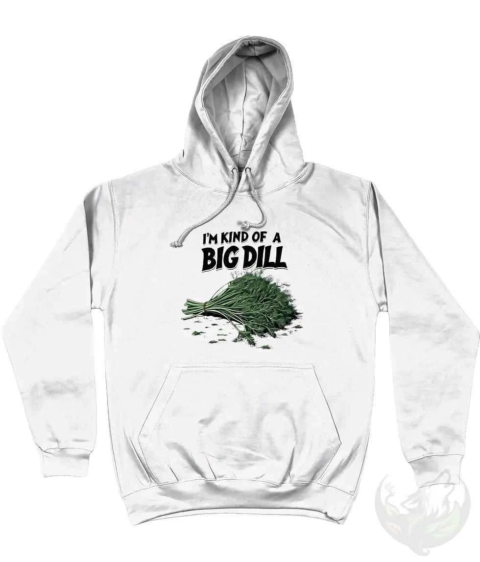 Thumbnail: White unisex hoodie with 'I'm Kind Of A Big Dill' funny food pun graphic featuring fresh dill illustration.