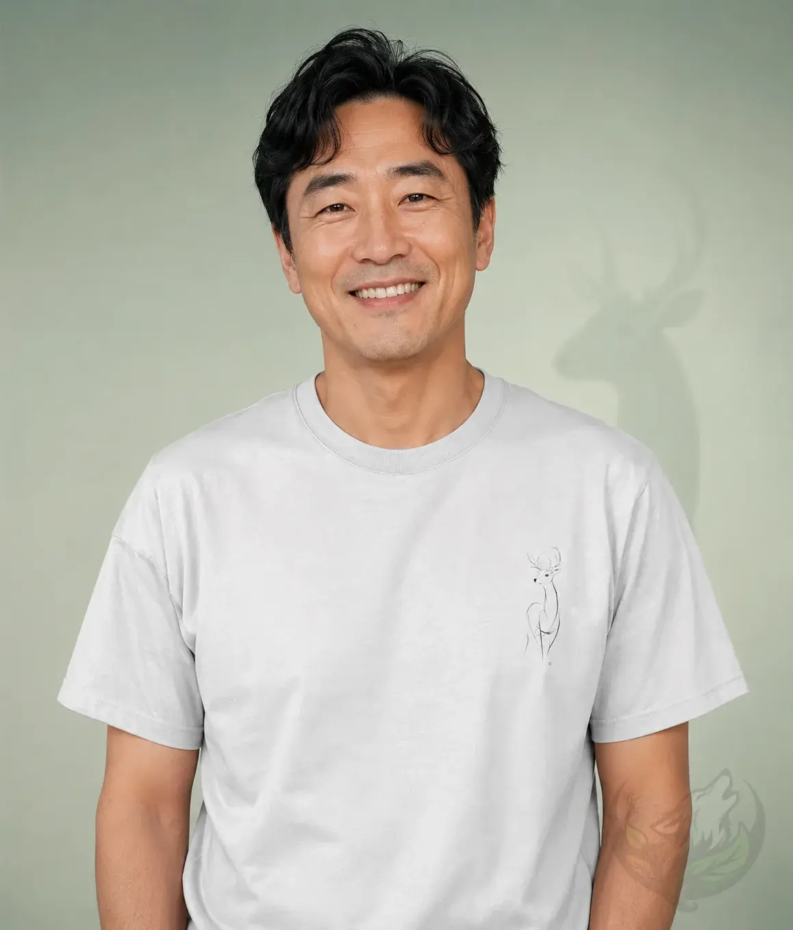 Smiling male model wearing white unisex deer line art shirt in a clean studio portrait setting