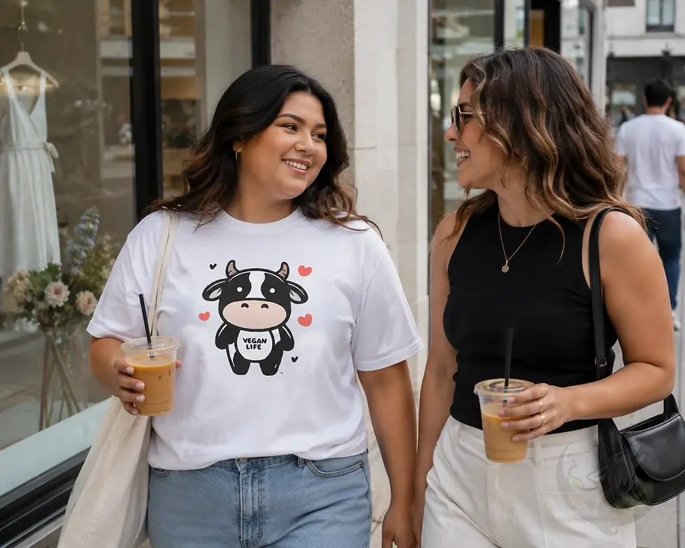 Outdoor city photo of a man and woman walking together holding iced coffees, the man wearing a white extended sizes Vegan Lif