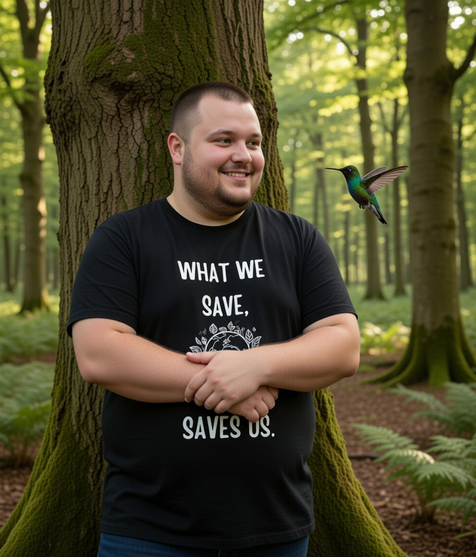 plus size what we save lifestyle – black shirt with nature quote worn outdoors in a lush forest setting