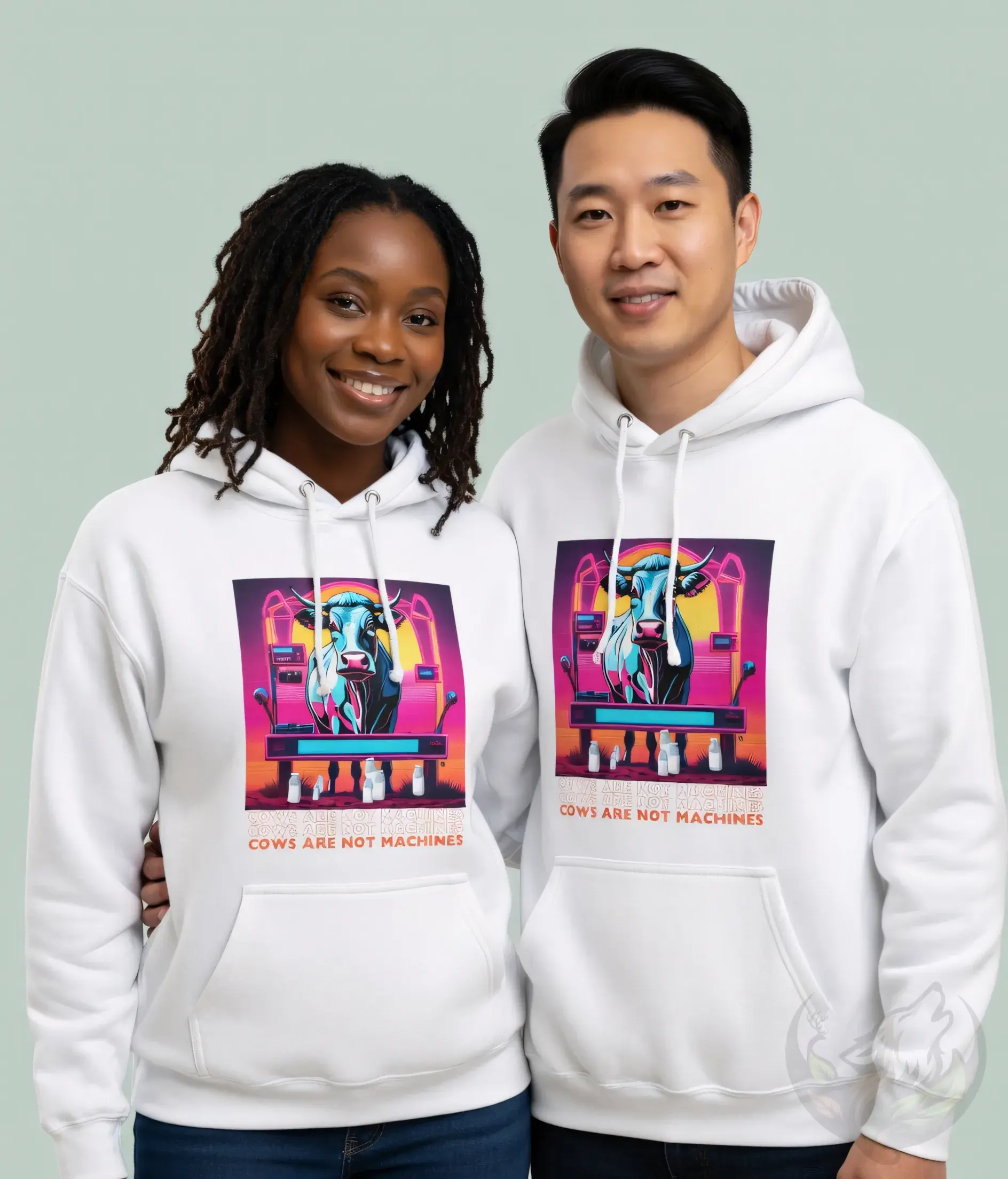 White unisex hoodie featuring neon cow milking factory illustration and "Cows are not machines" slogan.