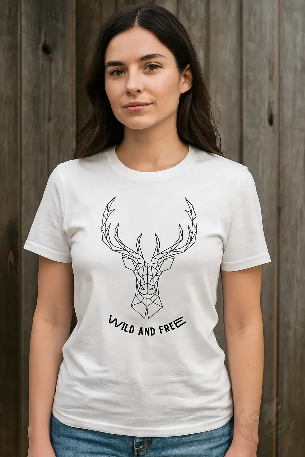 Thumbnail: Confident woman wearing a high‑quality white fitted tee with geometric deer Wild and Free design in a studio.