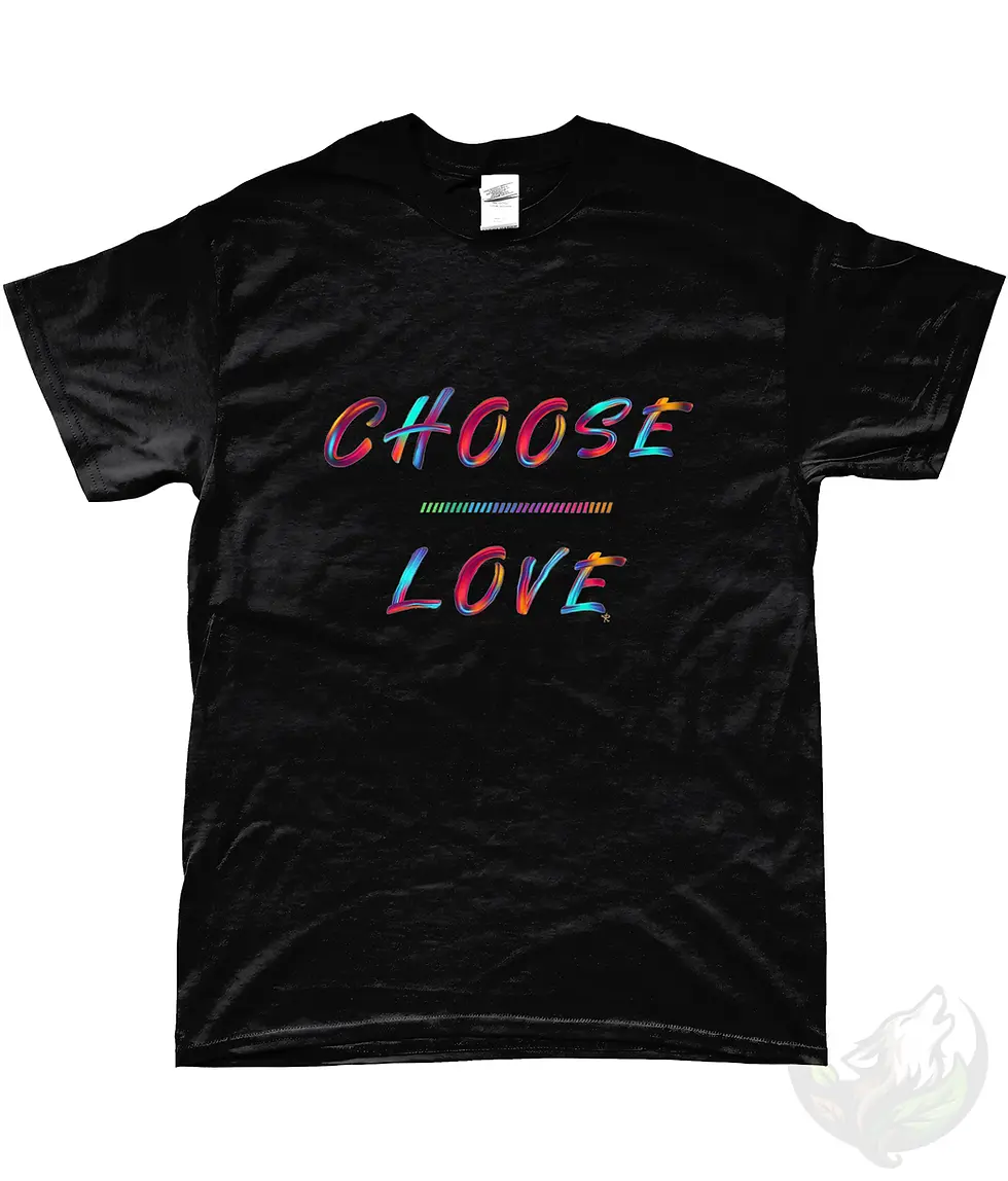 Thumbnail: Black unisex Choose Love shirt flat lay showing bright colorful text design on front of the shirt