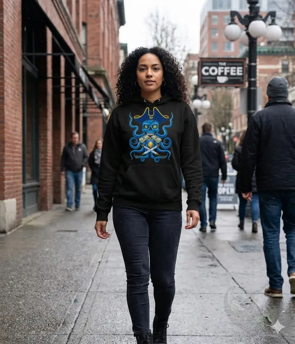 Thumbnail: Woman wearing the Official Def P Pirates of the Pharmaseas Unisex Hoodie while walking through the city.