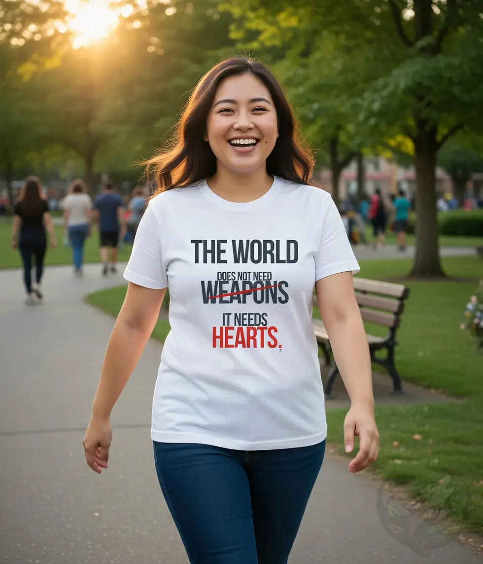 Happy woman with long dark hair walking in a sunny park, wearing a fitted white t-shirt saying "THE WORLD DOES NOT NEED WEAPO