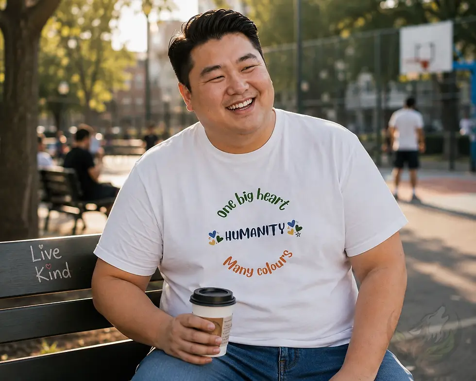 Thumbnail: Male lifestyle photo of a man sitting on a park bench holding a coffee while wearing a white extended sizes One Big Heart Hum