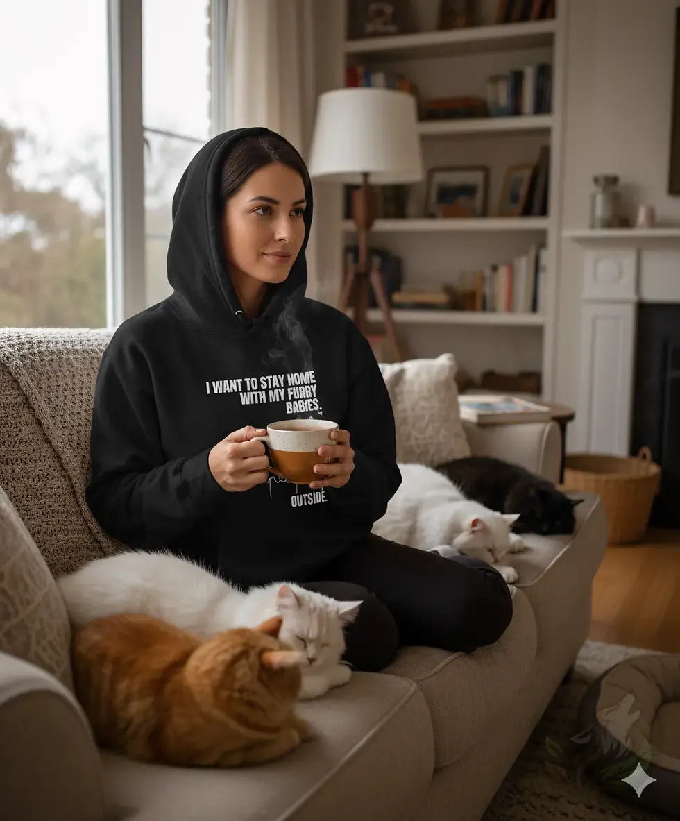 Woman relaxing with cats wearing black Too Peopley Outside funny unisex pet lover hoodie
