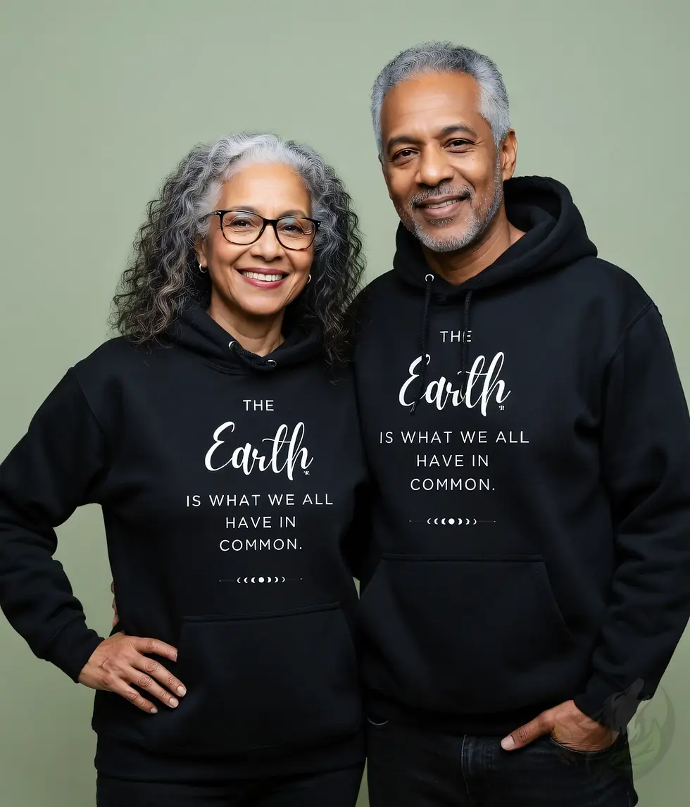 Couple wearing black unisex Earth In Common environmental hoodies in a studio portrait
