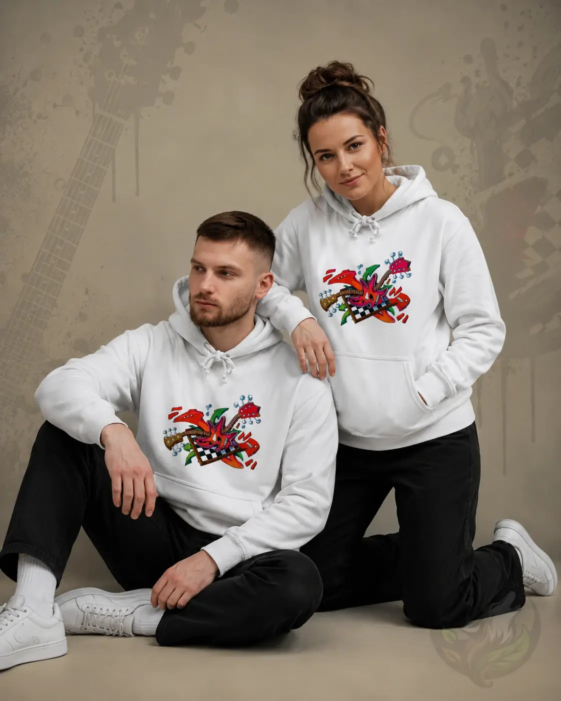 Couple wearing white Official DefP GuitarJam Unisex Hoodies featuring the GuitarJam design.
