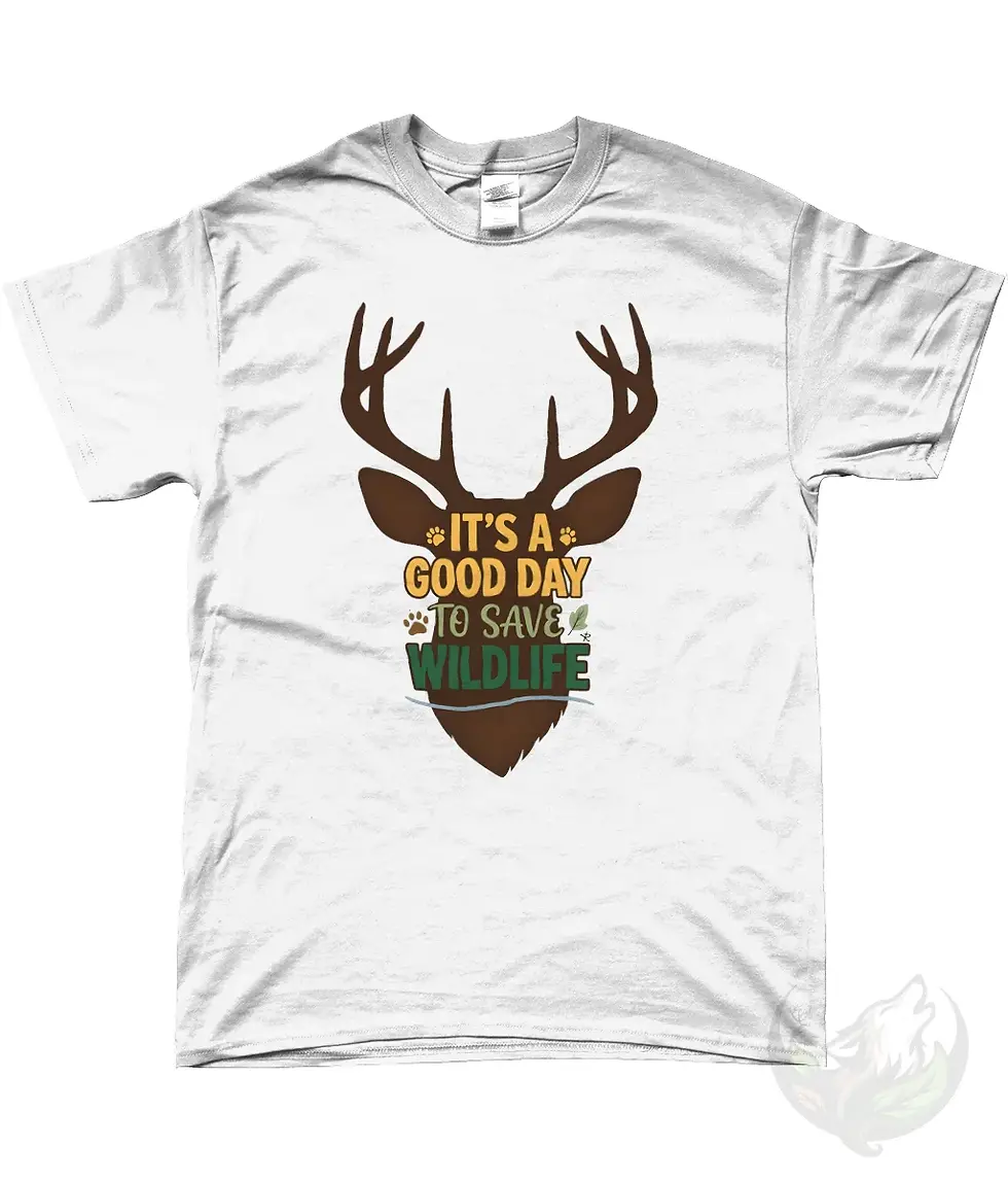 Miniaturbild: White unisex shirt with cartoon deer design and “Good Day to Save Wildlife” message.