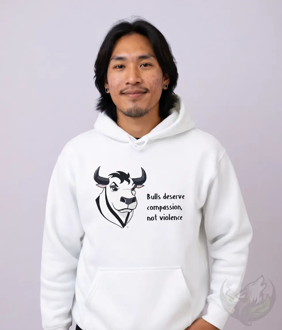 Studio portrait of man wearing the Unisex Bulls Deserve Compassion Hoodie with a vegan bull rights design.