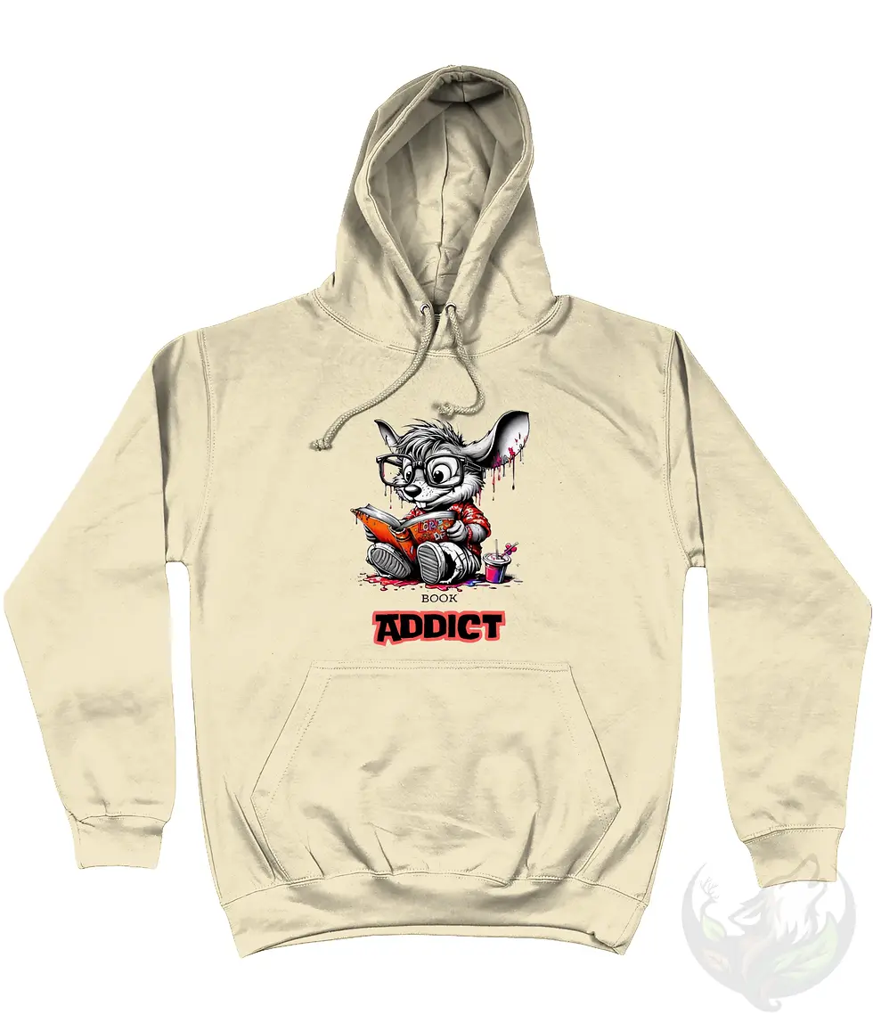 Vanilla Book Addict hoodie featuring a cute reading animal graphic shown as a flat lay