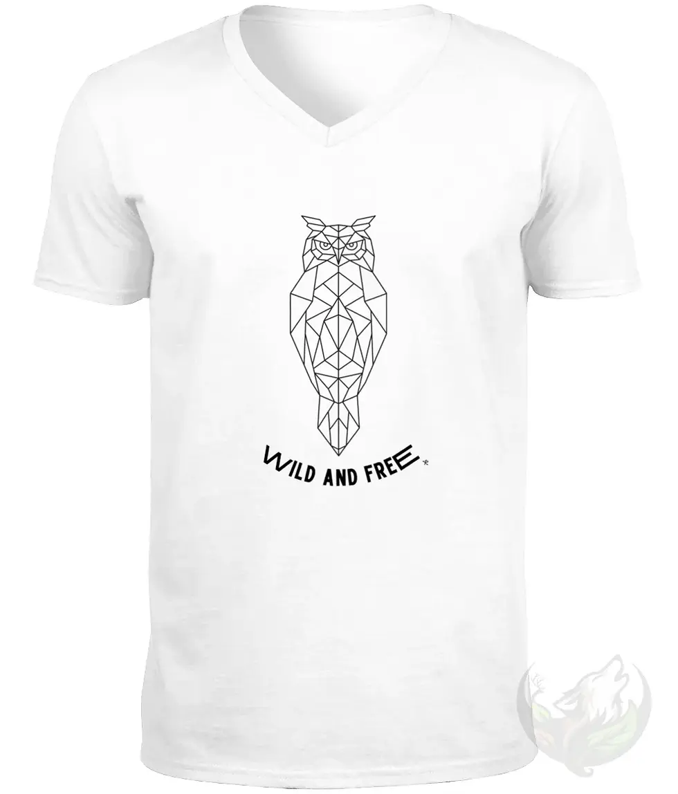 Thumbnail: White V-neck t-shirt flat lay with geometric owl and "Wild and Free" text.