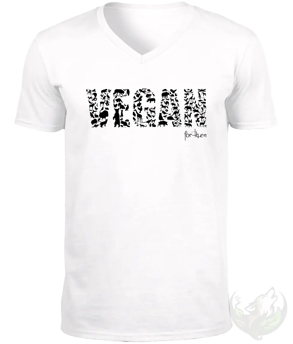 Thumbnail: White V-neck unisex t-shirt flat lay with "VEGAN" animal silhouette design "for them".
