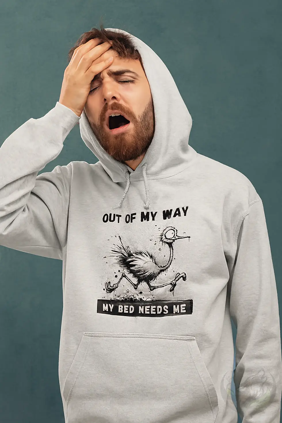 Man wearing white unisex hoodie with Out Of My Way My Bed Needs Me funny ostrich design