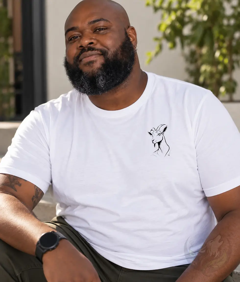 Thumbnail: Plus size man wearing a white Elegant Lines goat shirt while seated outdoors