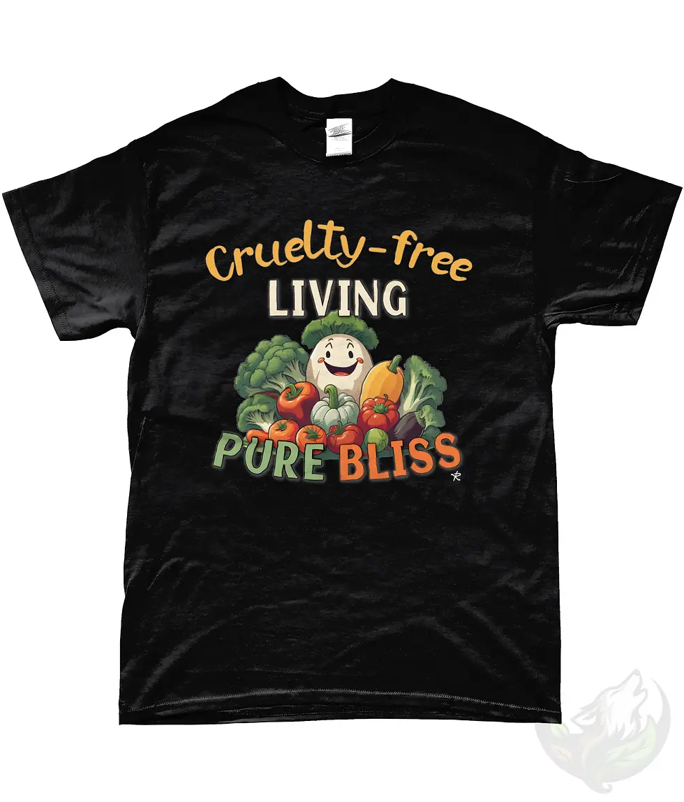 Thumbnail: Black unisex t-shirt flat lay with "Cruelty-free Living Pure Bliss" cute cartoon vegetables graphic.