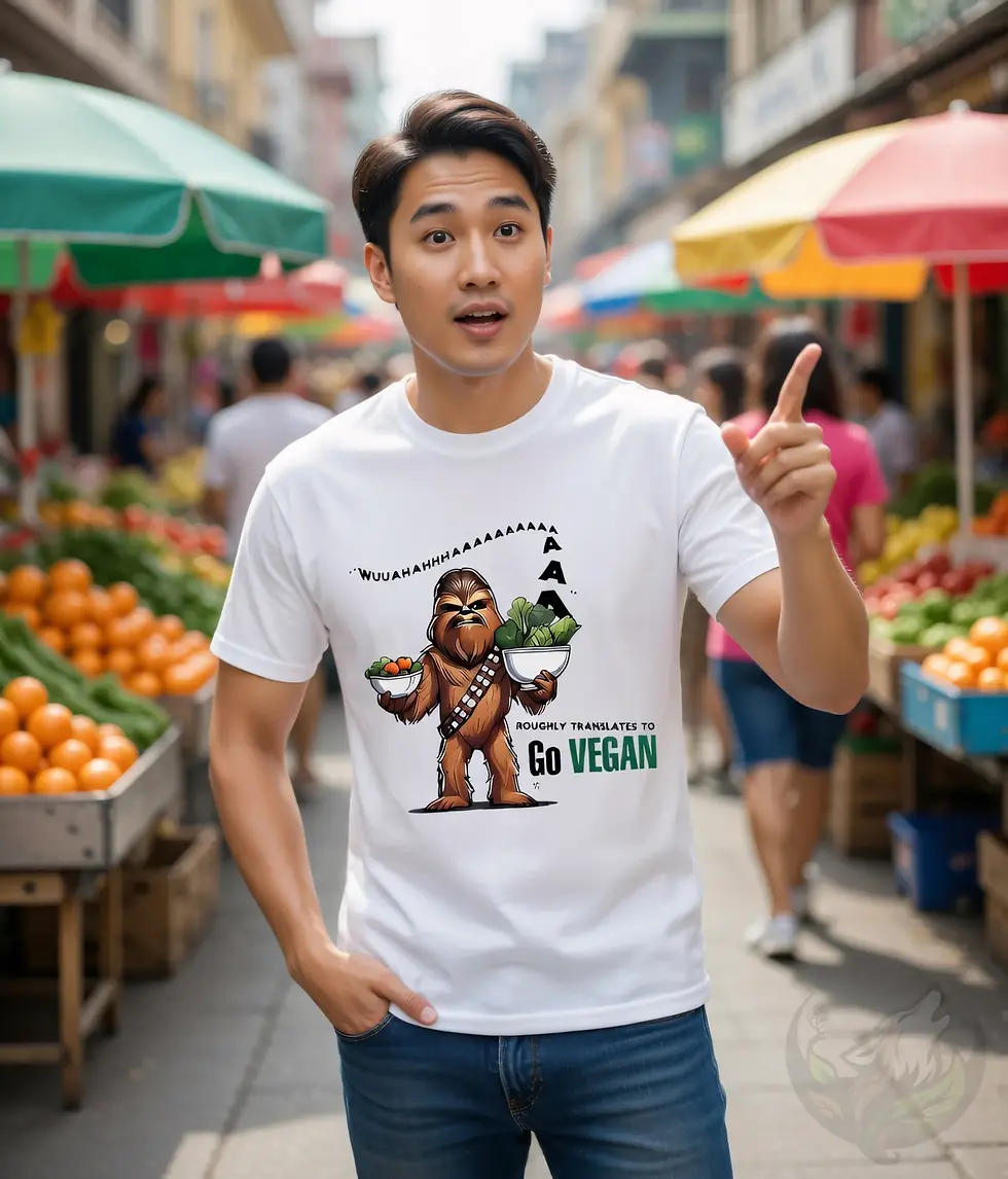 Thumbnail: White unisex t-shirt on smiling man pointing at market, Chewbacca vegan "Go Vegan" funny Star Wars design.