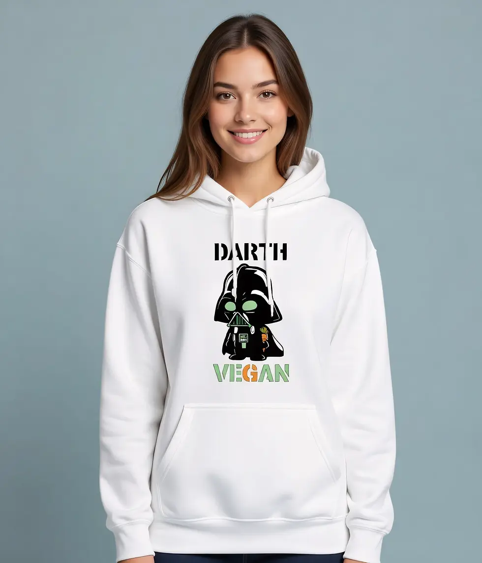 Thumbnail: Smiling woman with long brown hair wearing white unisex hoodie with cute cartoon Darth Vader and bold DARTH VEGAN text