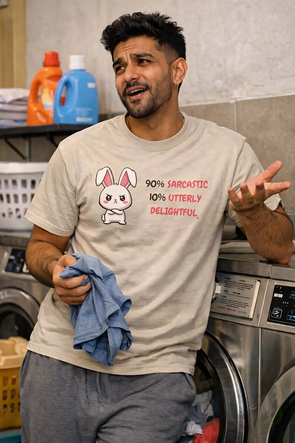 Men wearing white sarcastic bunny T-shirt shopping with funny personality quote and playful rabbit design
