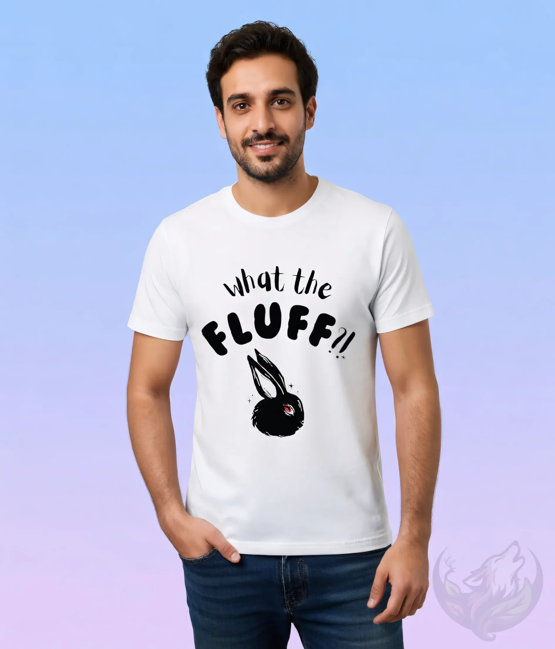 Man wearing white unisex “What the Fluff?!” bunny graphic t-shirt in studio portrait