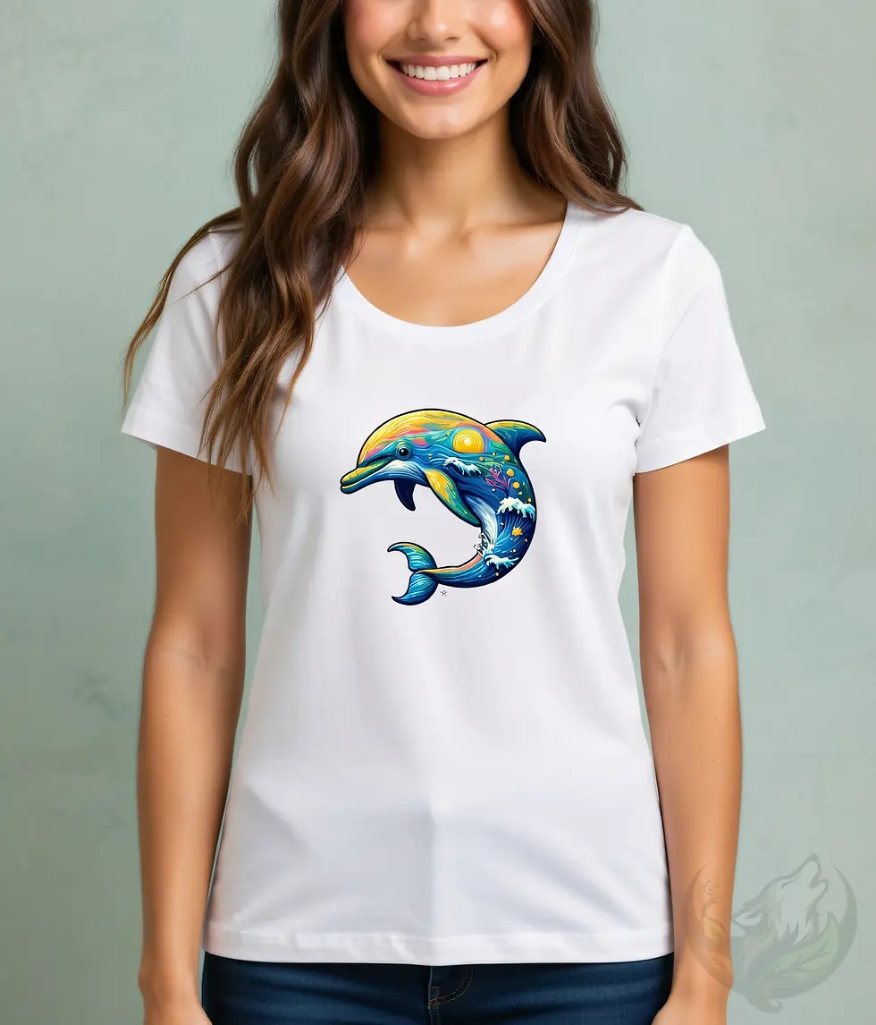 Thumbnail: White scoop neck t-shirt on smiling woman, playful dolphin graphic in blue-green tones with waves on chest