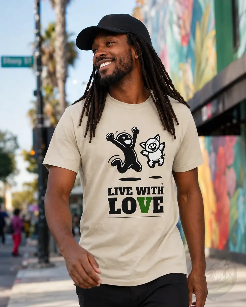 Man walking outdoors in natural unisex Live With Love shirt with playful cat and pig illustration
