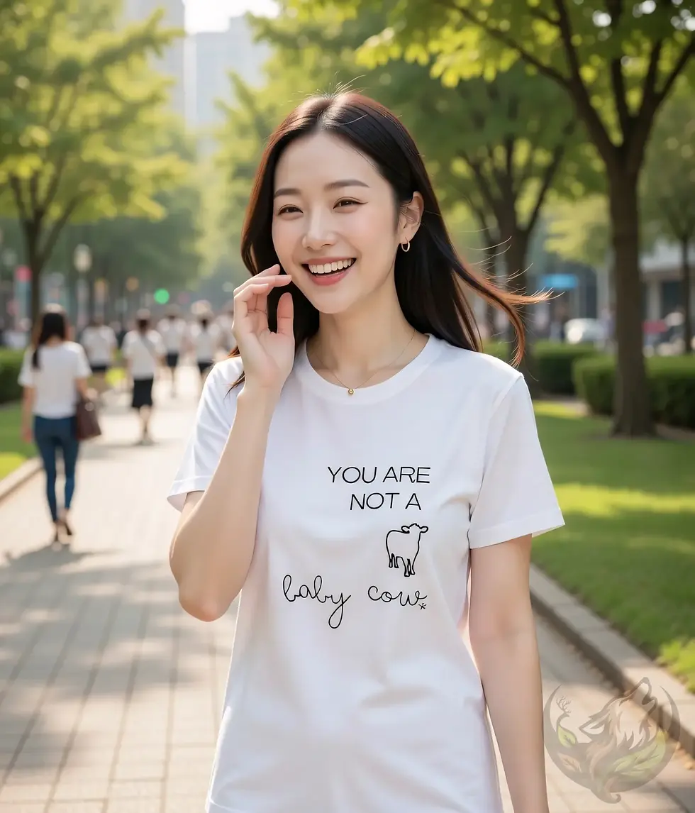 Thumbnail: White fitted tee with the Vegan Quotes “You Are Not a Baby Cow” design worn on a city walkway.